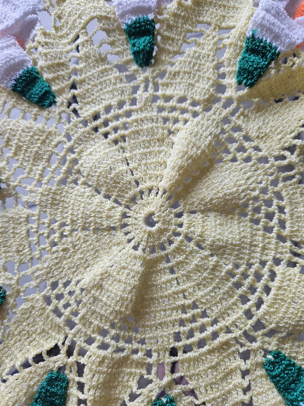 Yellow Crochet Floral Doily with White & Green Accents